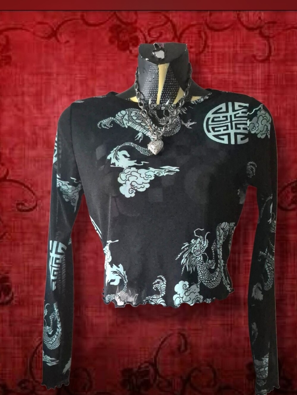 Y2k Chinese Dragon and Maze Symbol Print Black Turquoise Sheer Top